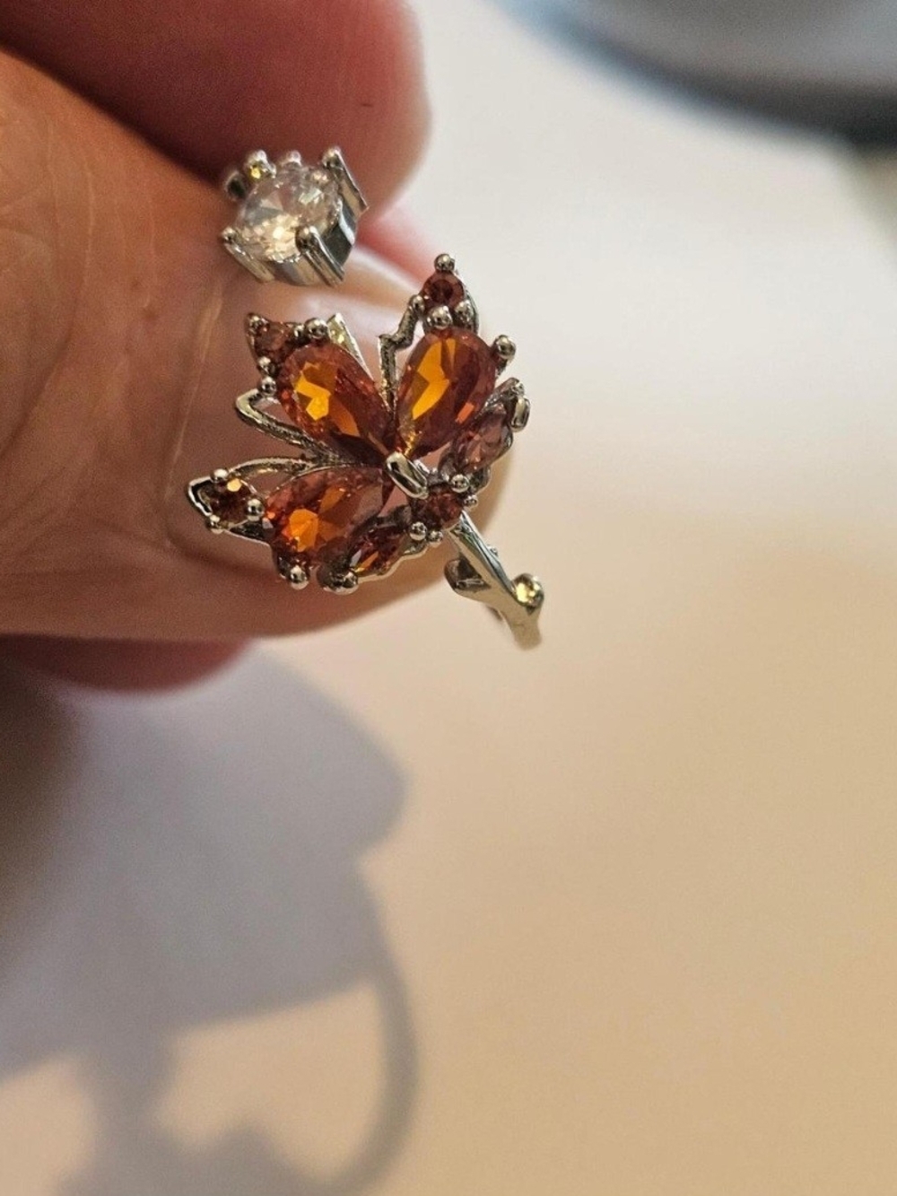 Silver Tone Orange Leaf Cluster Ring